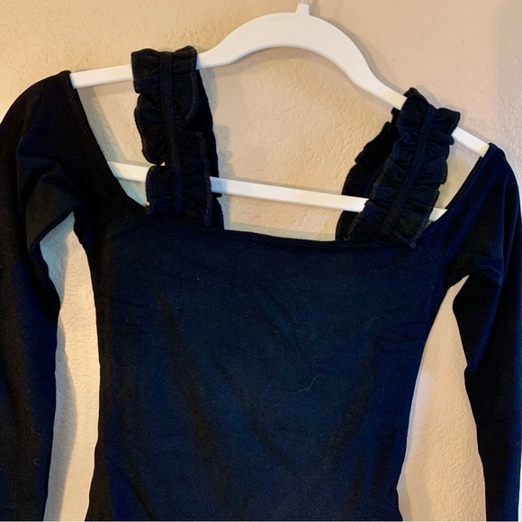 NWT Bodysuit XS MangoPop Black Long Sleeves Ruffled Straps Soft Stretchy - Picture 3 of 13